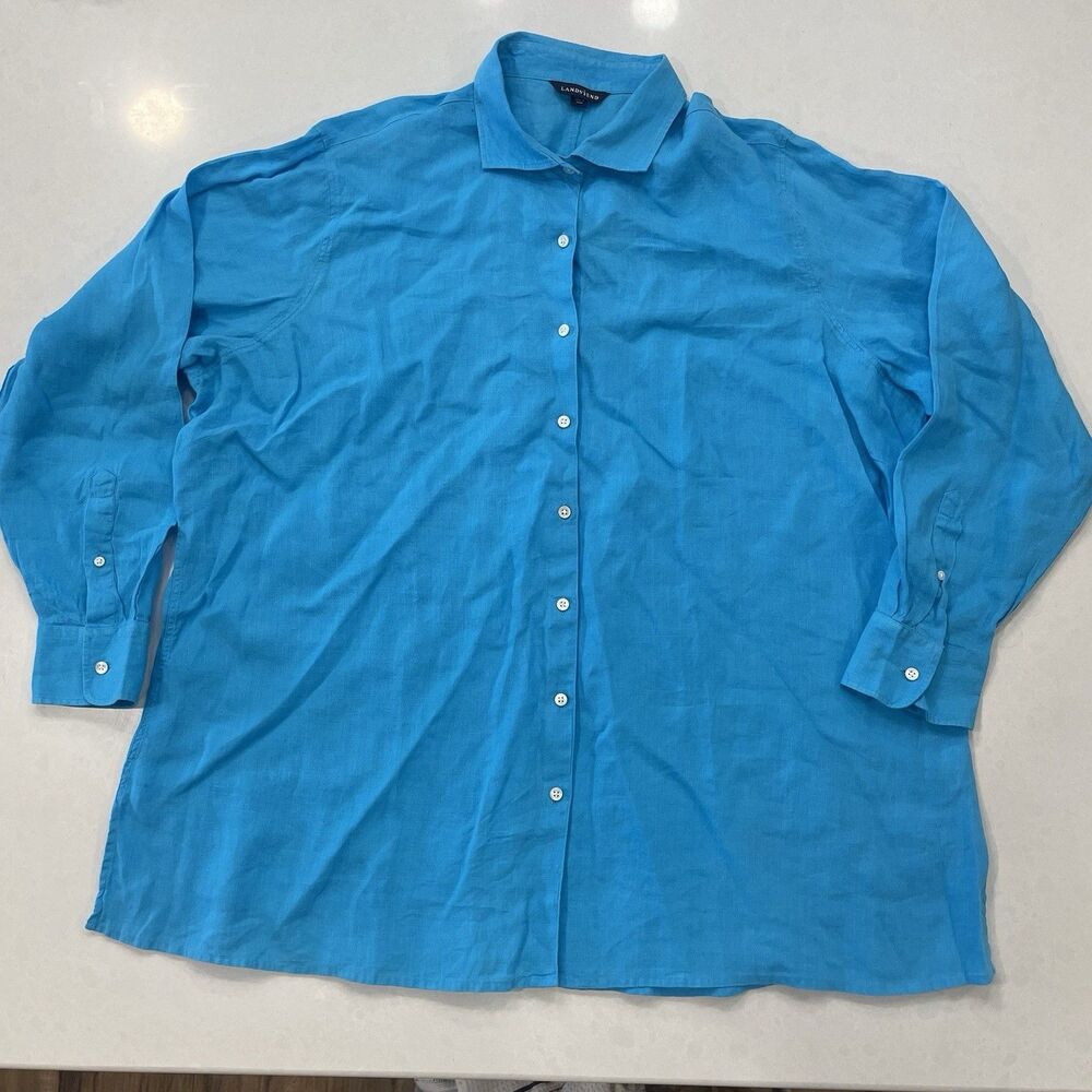 Lands End Shirt Tunic Women’s 20W 2X Turquoise 100%Linen Button Up Long Sleeve